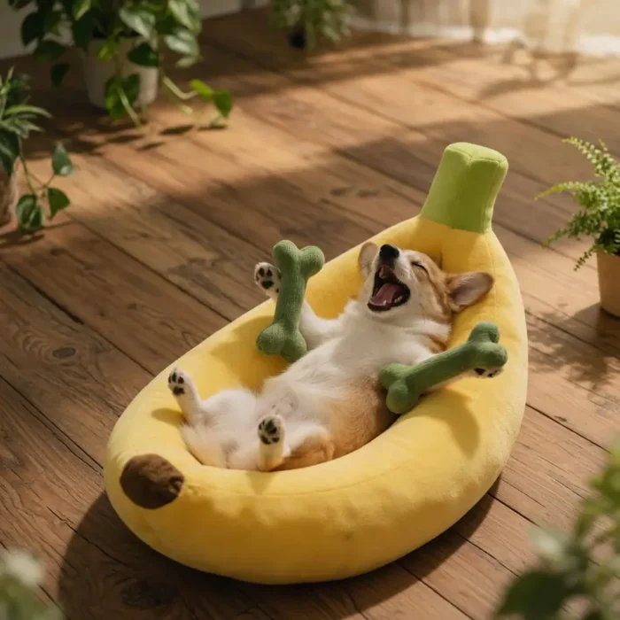 cama-para-perros-en-forma-de-banana-banananest (1) BananaNest: Cama Cueva Antiestrés en Forma de Plátano para Perros | Nido Suave y Original